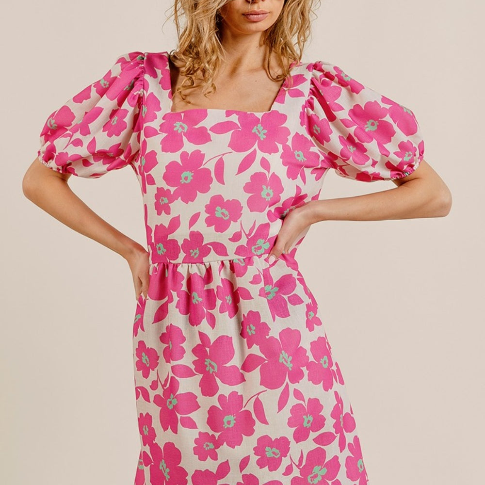 Printed Square Neck Puff Sleeve Mini Dress