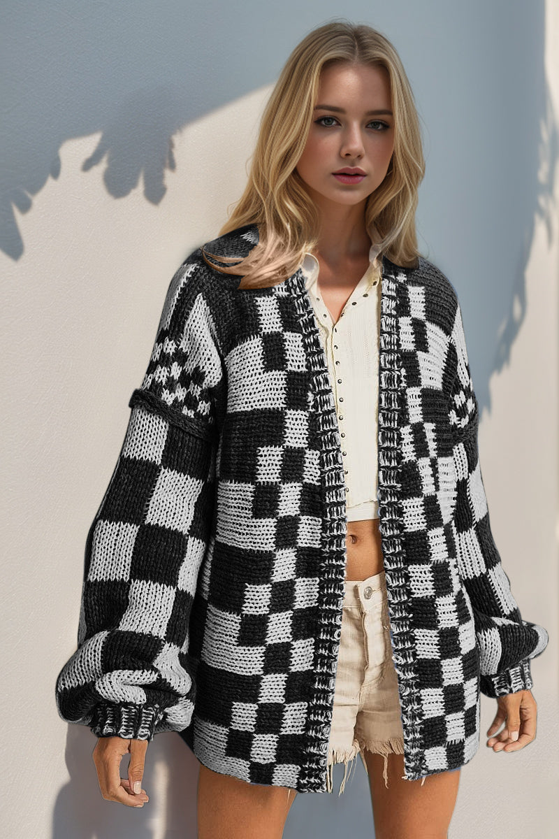 Open Front Checkered Drop Shoulder Cardigan