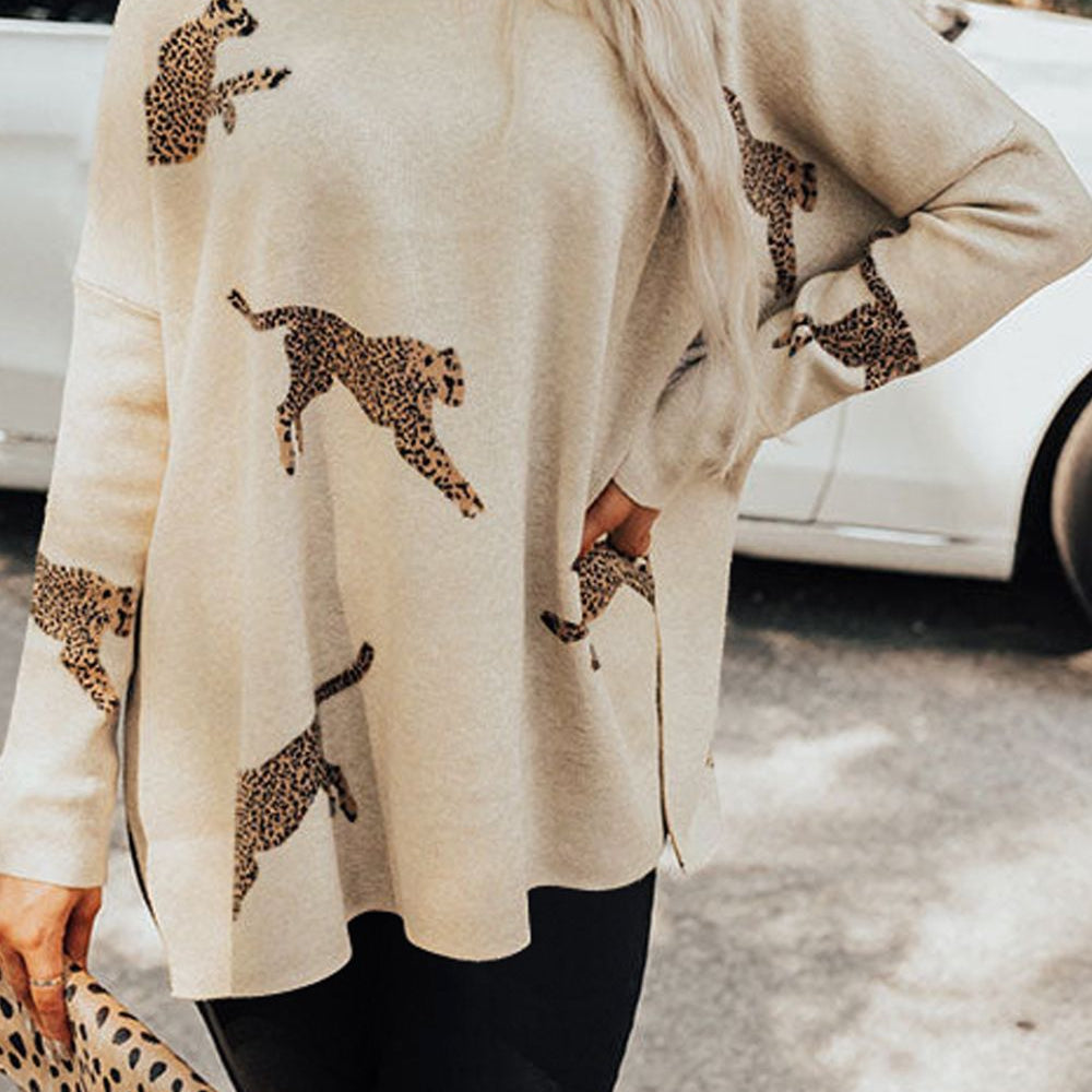 Animal Pattern Mock Neck Long Sleeve Slit Sweater