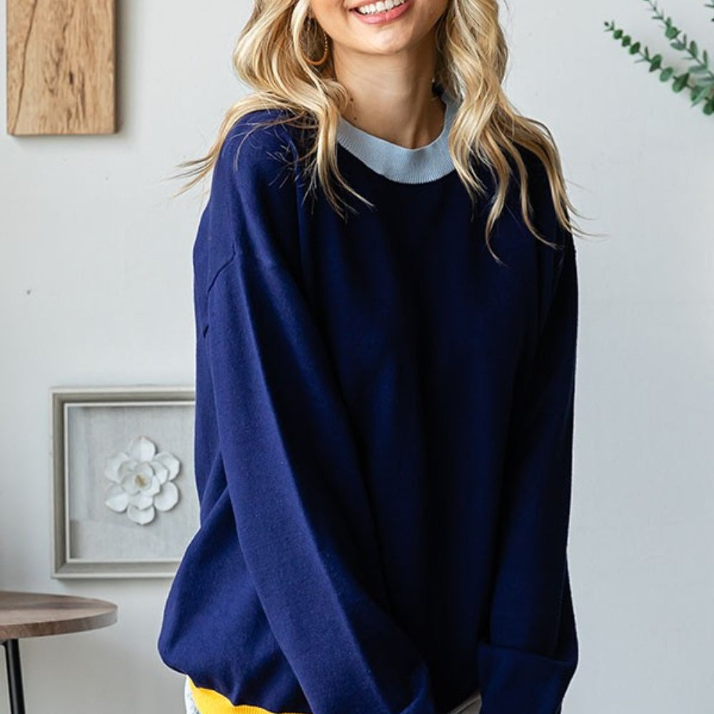 
                      
                        Contrast Ribbed Round Neck Long Sleeve Sweater
                      
                    