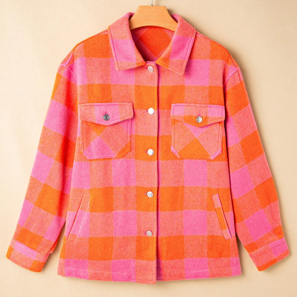 
                      
                        Color Block Plaid Button Up Long Sleeve Jacket
                      
                    