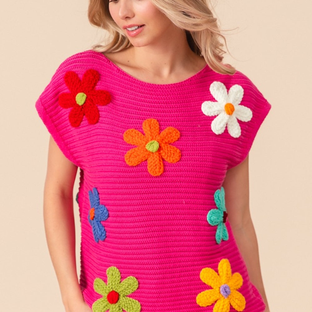 
                      
                        Flower Round Neck Cap Sleeve Knit Top
                      
                    