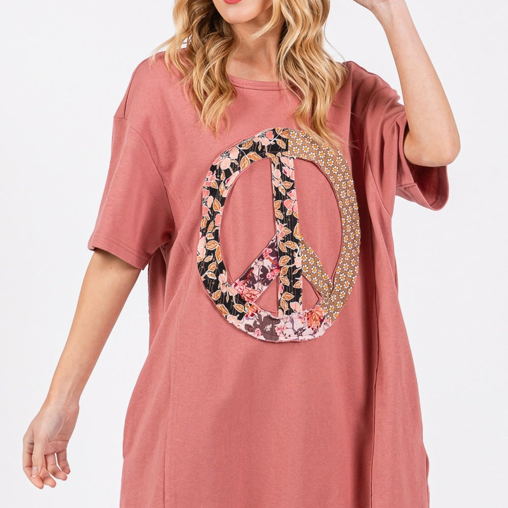 
                      
                        Peace Sign Applique Short Sleeve Tee Dress
                      
                    