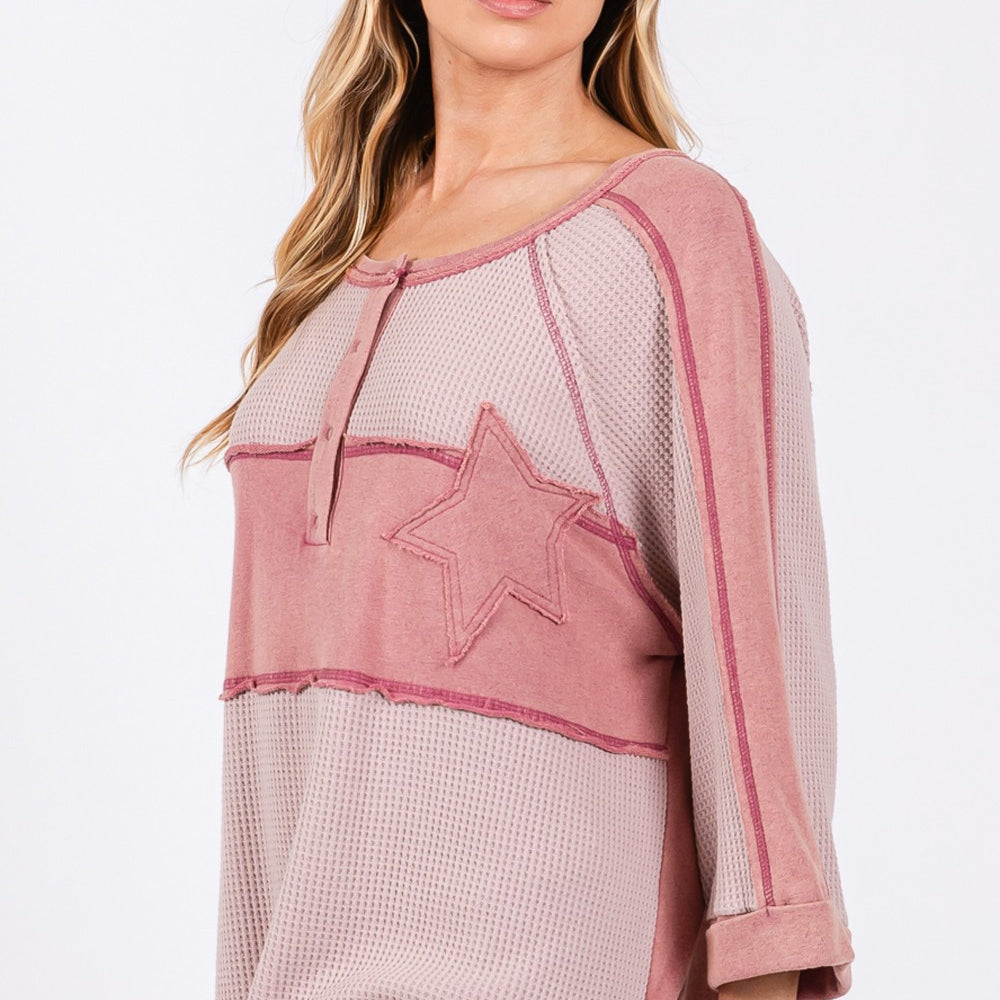 
                      
                        Star Applique Patch Exposed Seam Waffle Knit Top
                      
                    