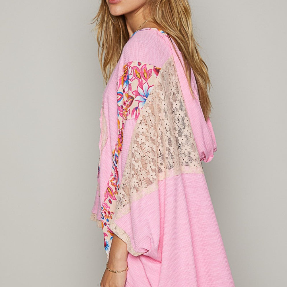 
                      
                        V-Neck Floral Print Peace Patch Lace Hooded Top
                      
                    