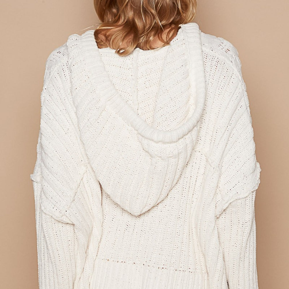 Rib Weave Sleeves Hooded Cable Knit Sweater