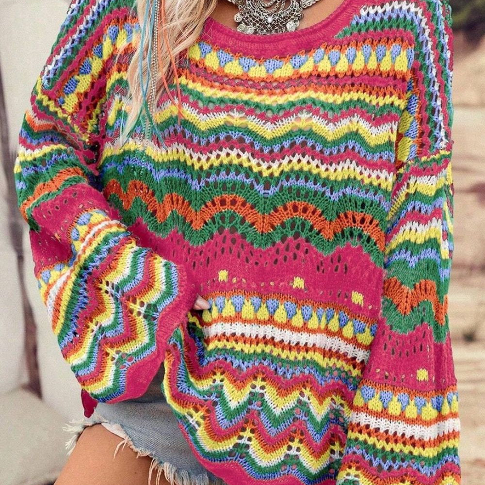 Openwork Round Neck Long Sleeve Sweater