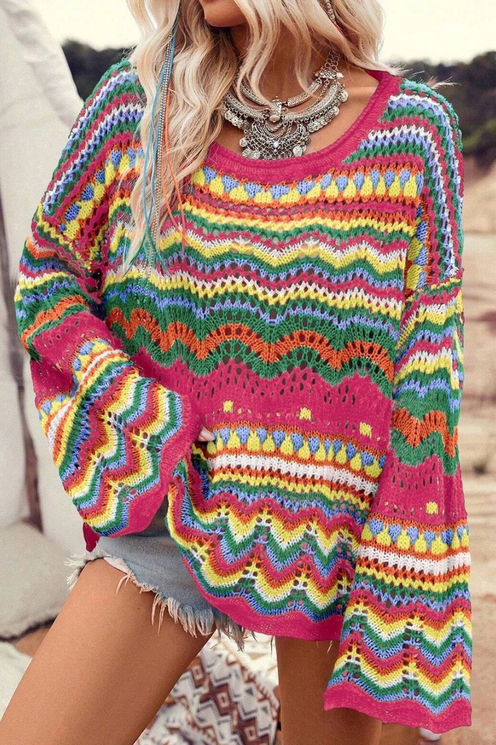 Openwork Round Neck Long Sleeve Sweater