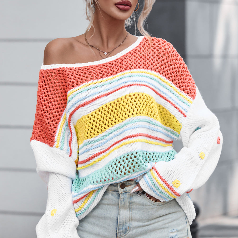 
                      
                        Openwork Striped Round Neck Long Sleeve Sweater
                      
                    