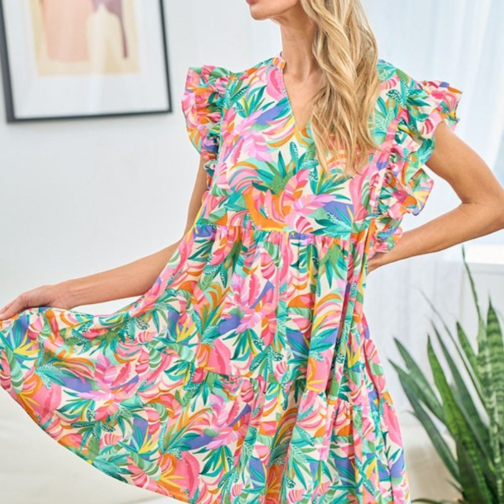 Ruffled Printed Notched Cap Sleeve Dress