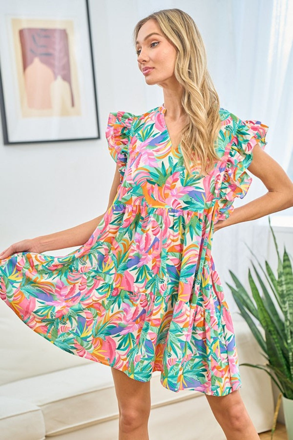 Ruffled Printed Notched Cap Sleeve Dress