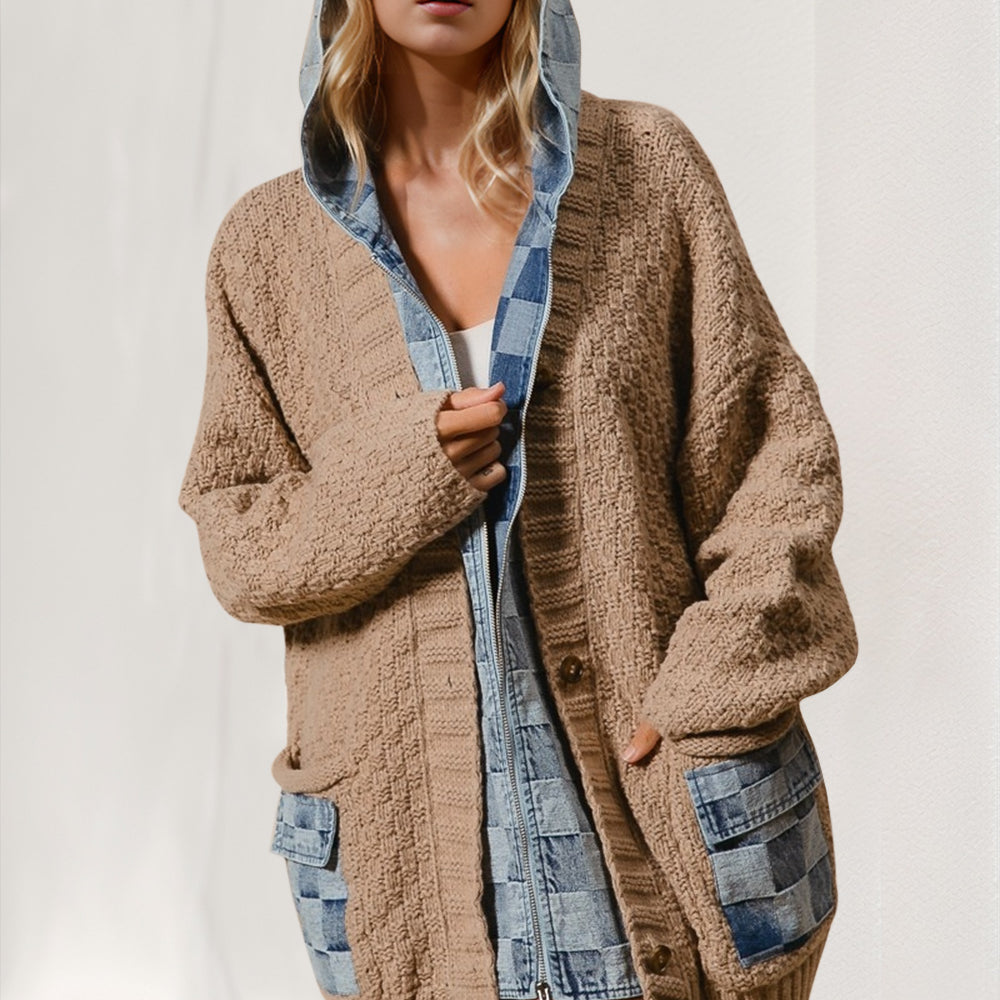 Hooded Denim Spliced Sweater Cardigan