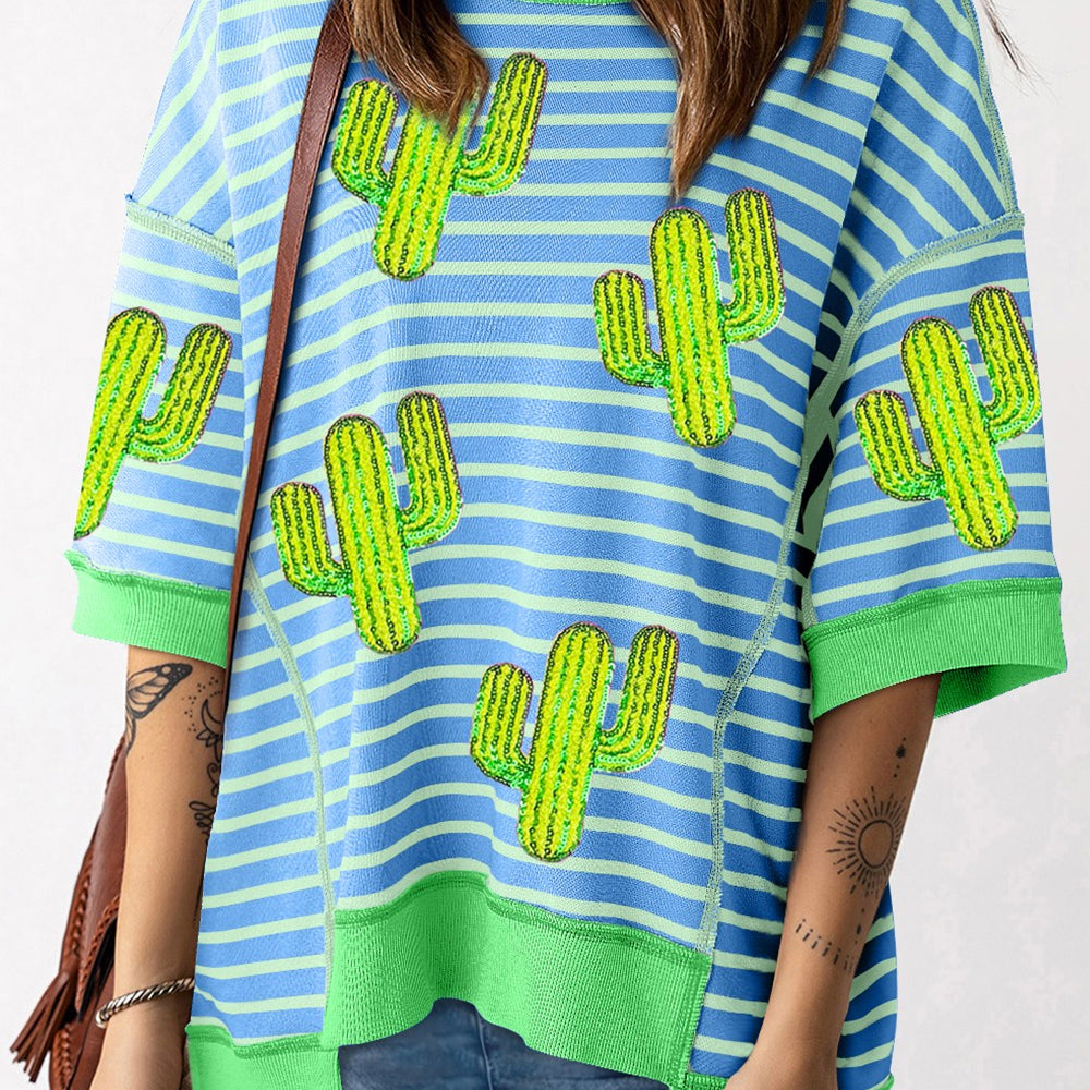 Cactus Striped Round Neck Half Sleeve T-Shirt