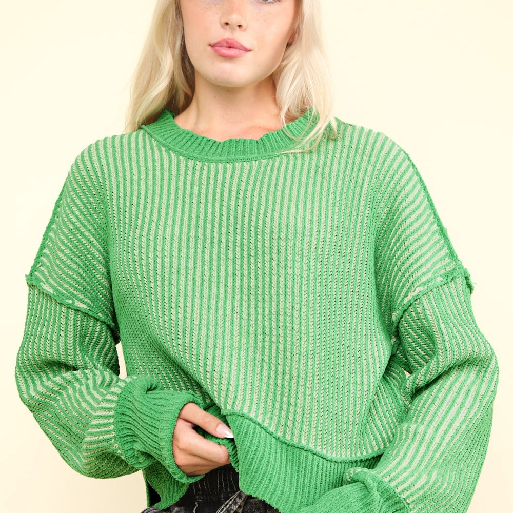 Exposed Seam Cropped Striped Slit Sweater - Green