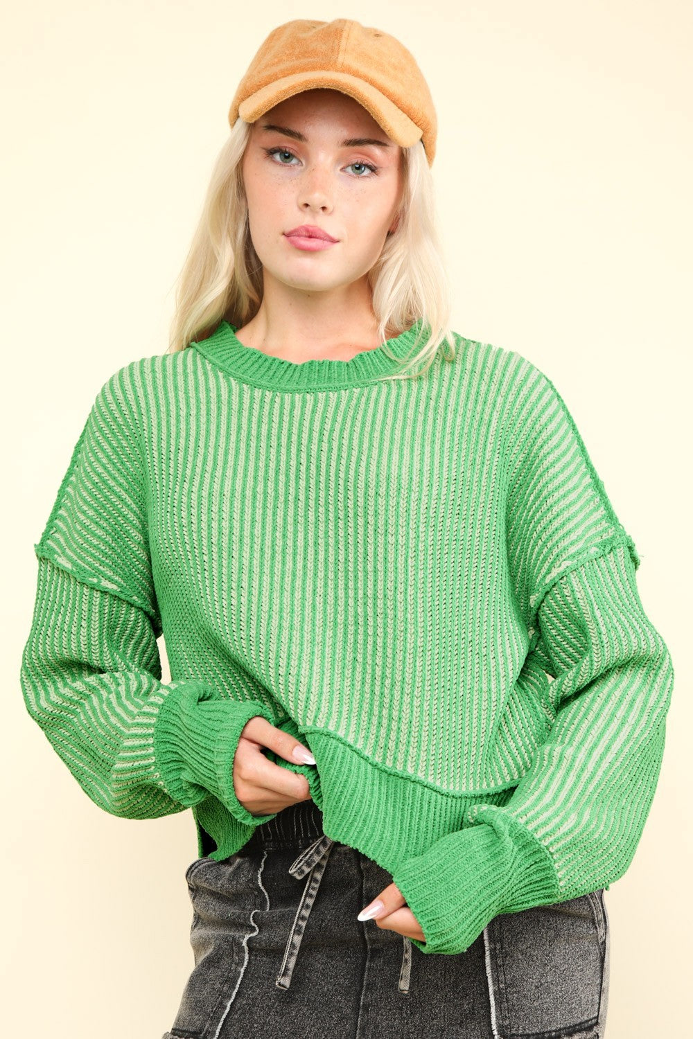 Exposed Seam Cropped Striped Slit Sweater - Green