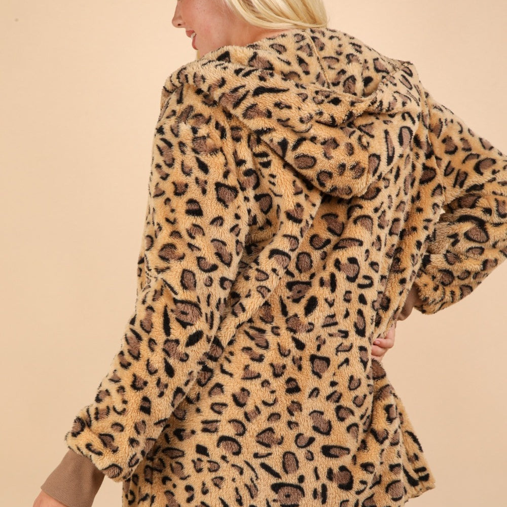 Fuzzy Leopard Long Sleeve Hooded Jacket