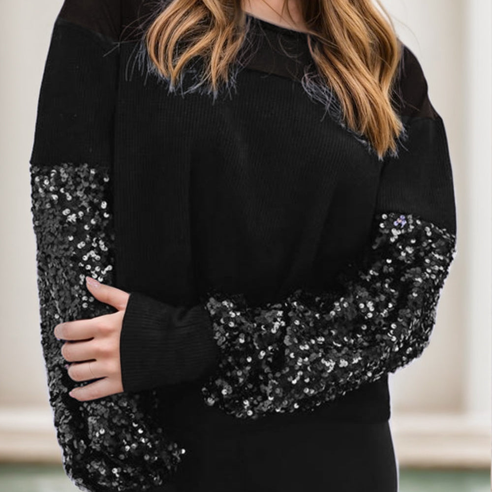 Sequin Boat Neck Long Sleeve Blouse