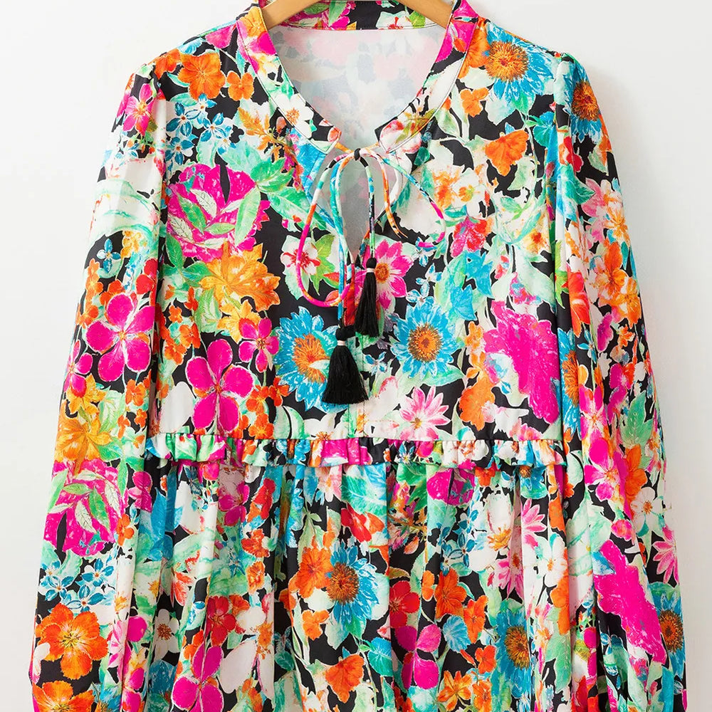 Printed Tie Neck Long Sleeve Blouse