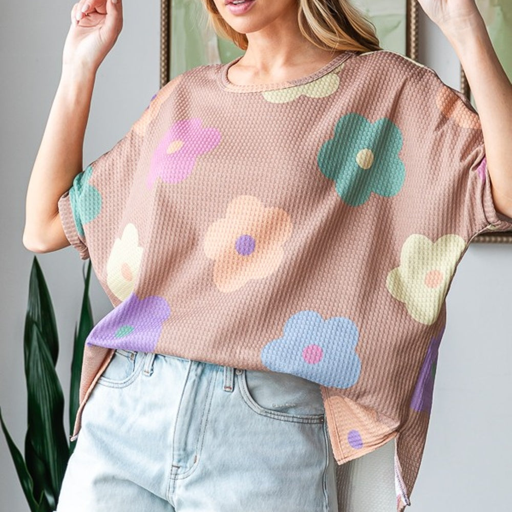 
                      
                        Floral Round Neck Side Slit Waffle T-Shirt
                      
                    