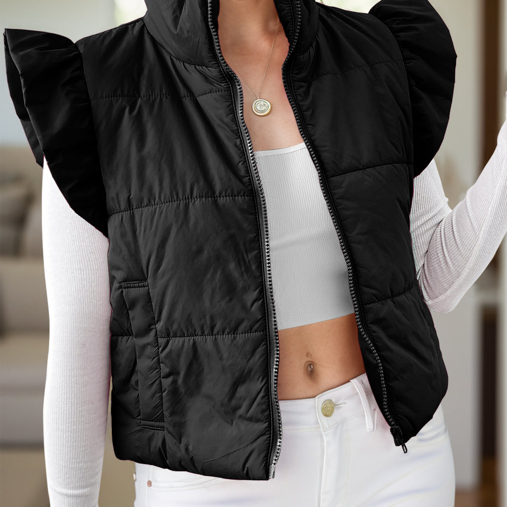 
                      
                        Pocketed Zip Up Cap Sleeve Jacket
                      
                    