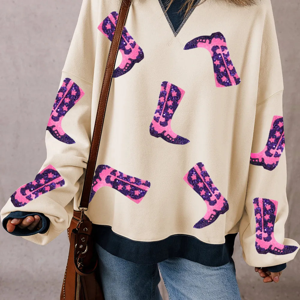 
                      
                        Sequin Boots Round Neck Long Sleeve Sweatshirt
                      
                    