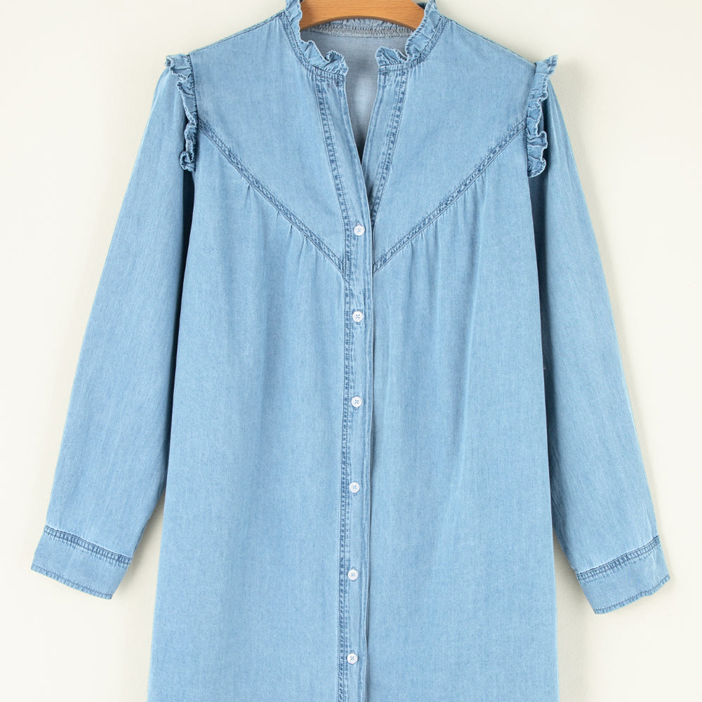 
                      
                        Button Up Notched Long Sleeve Denim Dress
                      
                    