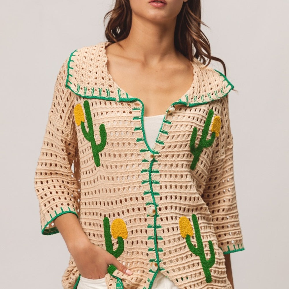 Edge Stitched Cactus Patch Sweater Cardigan