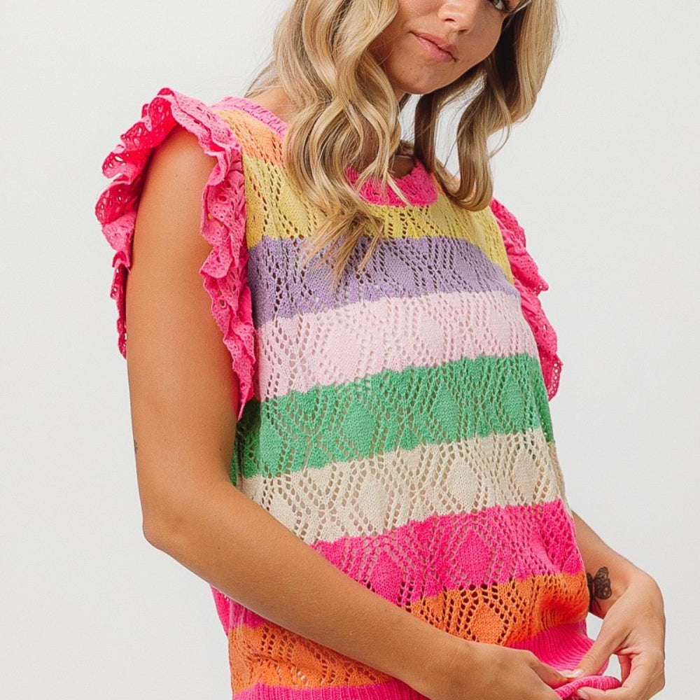 
                      
                        Pointelle Striped Ruffled Knit Top
                      
                    