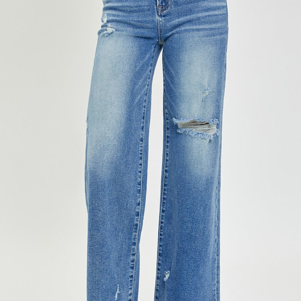 
                      
                        Risen High Rise Frayed Hem Wide Leg Jeans
                      
                    