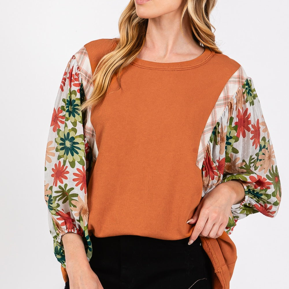 
                      
                        Printed Balloon Sleeve Contrast Top
                      
                    