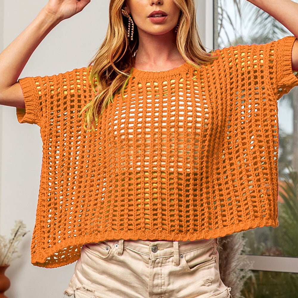 Hollowed Out Short Sleeve Knit Cover Up