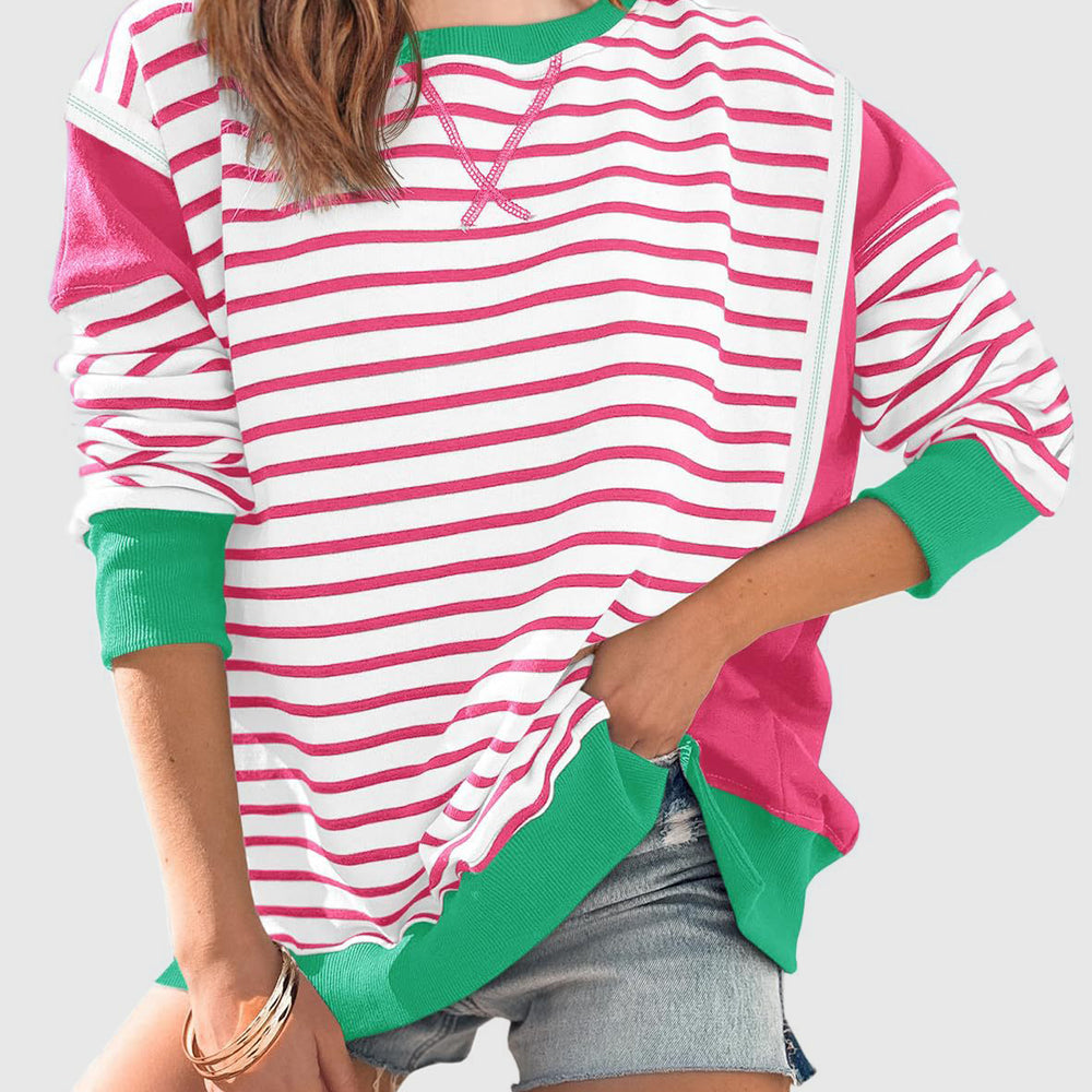 
                      
                        Slit Exposed Seam Striped Long Sleeve Sweatshirt
                      
                    