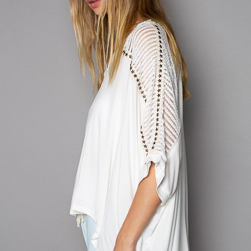 Oversize V-Neck Crochet Lace Contrast Studded Top