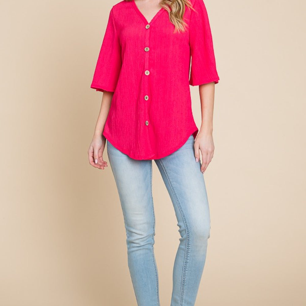 
                      
                        Texture Decorative Button V-Neck Top
                      
                    