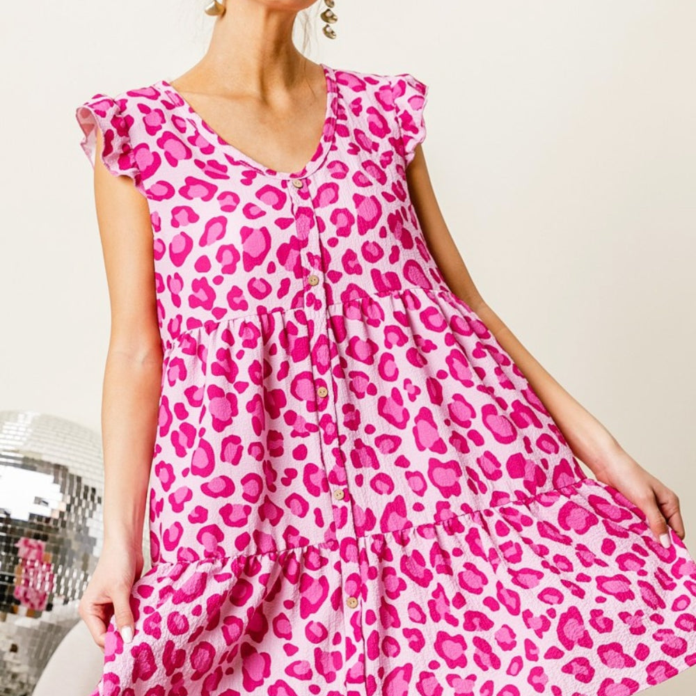 Leopard Cap Sleeve Tiered Mini Dress