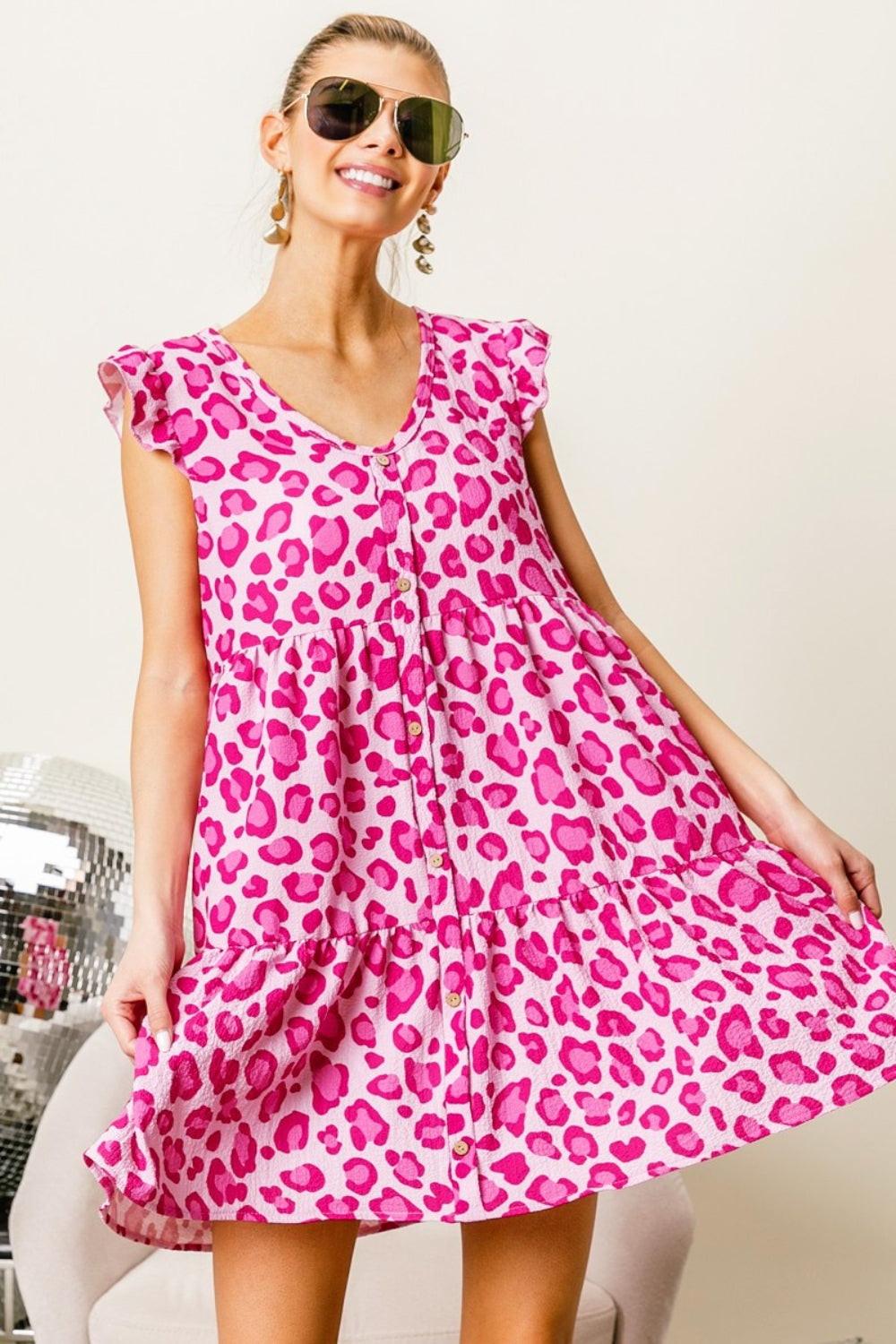 Leopard Cap Sleeve Tiered Mini Dress