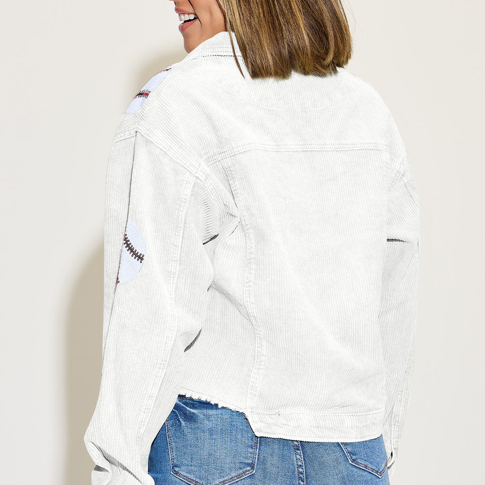 
                      
                        Baseball Sequin Dropped Shoulder Raw Hem Jacket
                      
                    