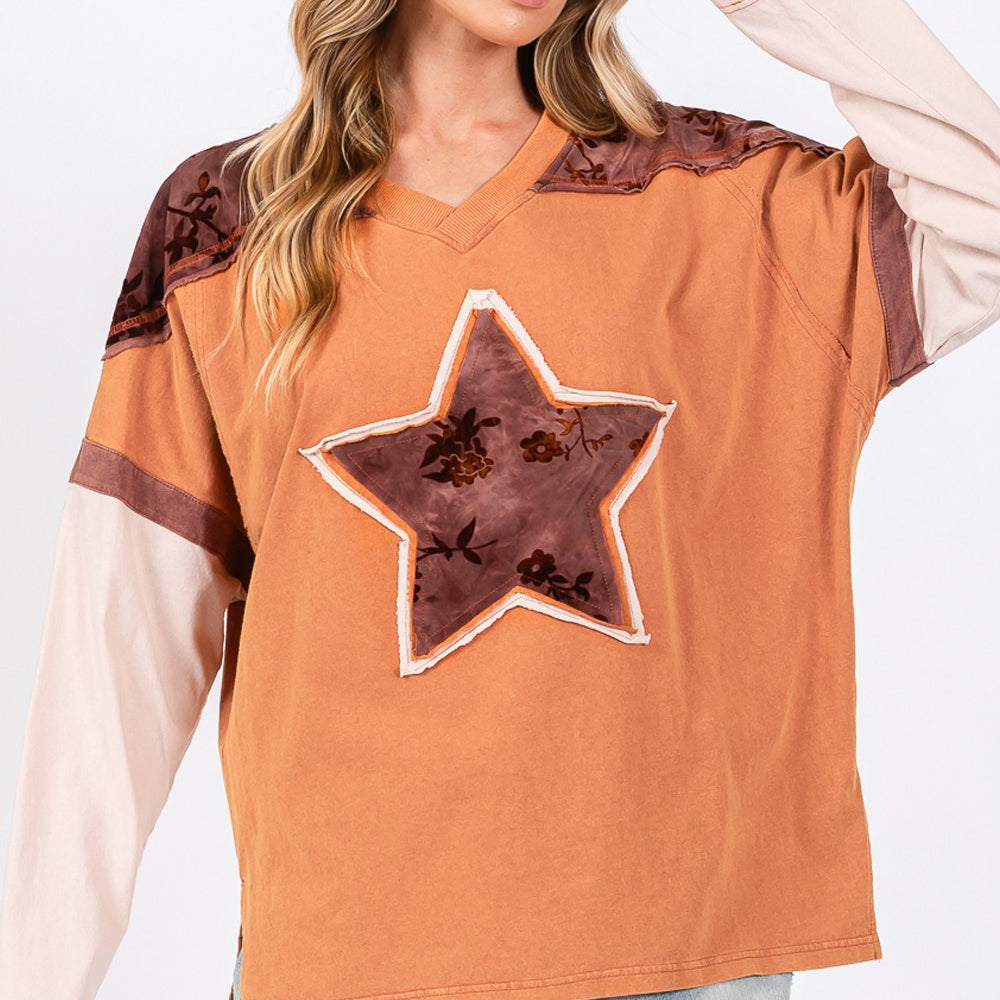 
                      
                        Star Patch Long Sleeve Color Block T-Shirt
                      
                    