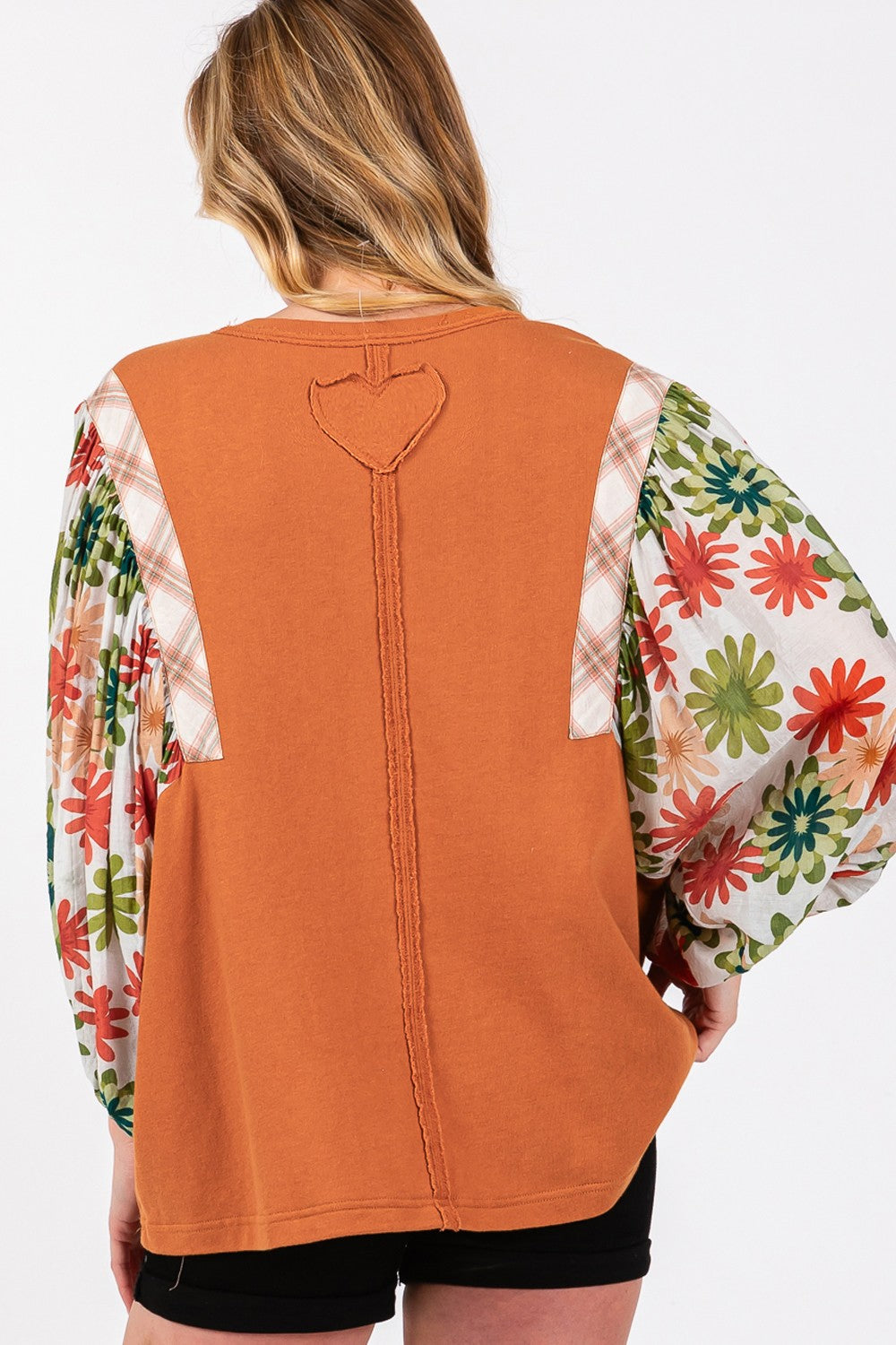 Printed Balloon Sleeve Contrast Top