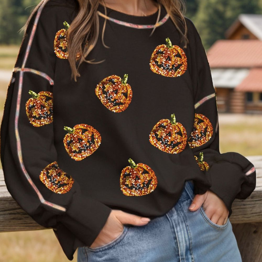 Sequin Pumpkin Round Neck Long Sleeve Sweatshirt