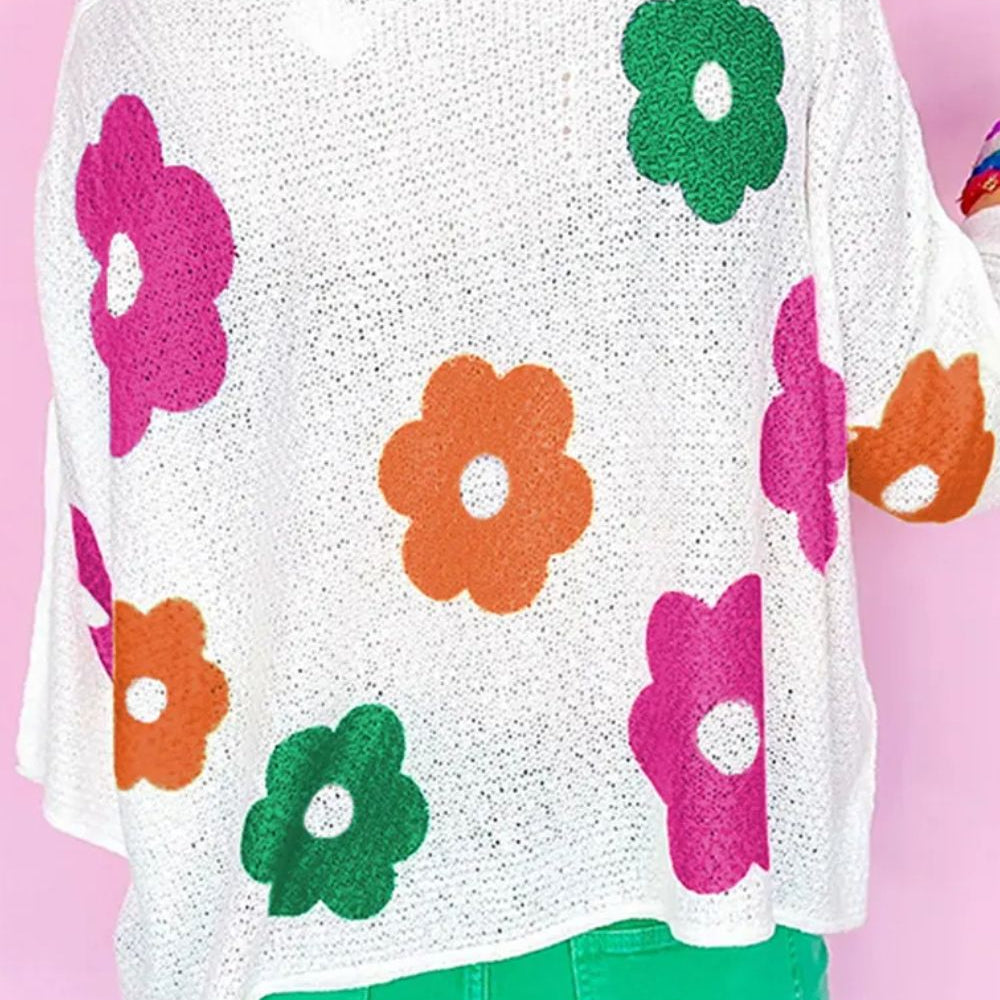 Flower Round Neck Quarter Button Knit Top