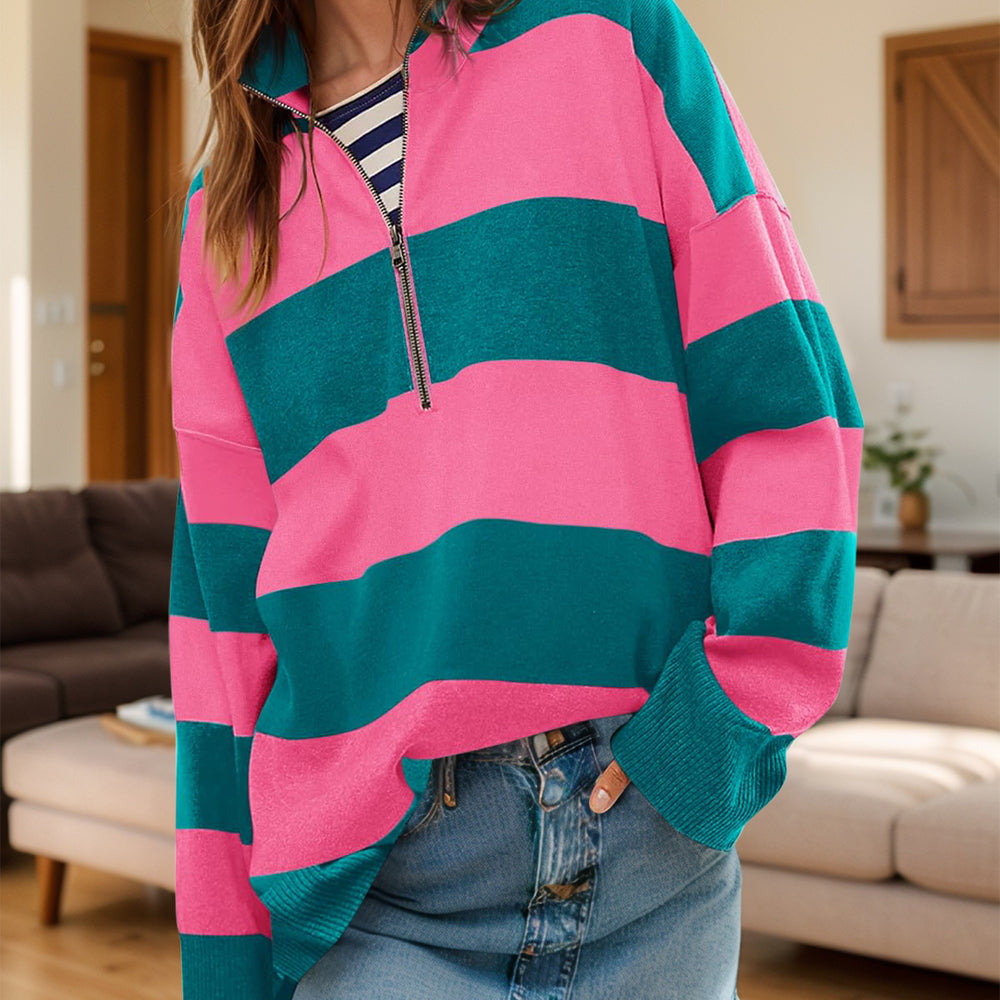 Color Block Half Zip Long Sleeve Sweater