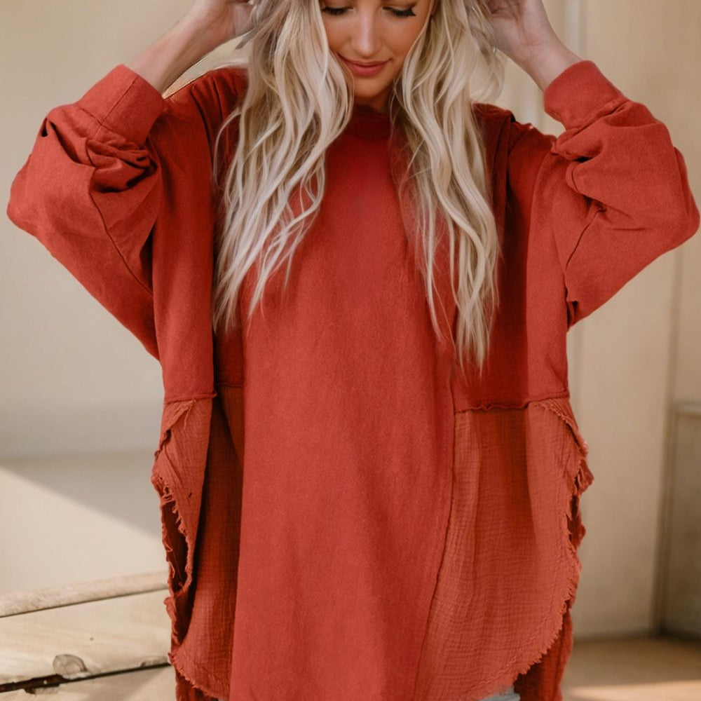 
                      
                        Contrast Texture Round Neck Long Sleeve Blouse
                      
                    