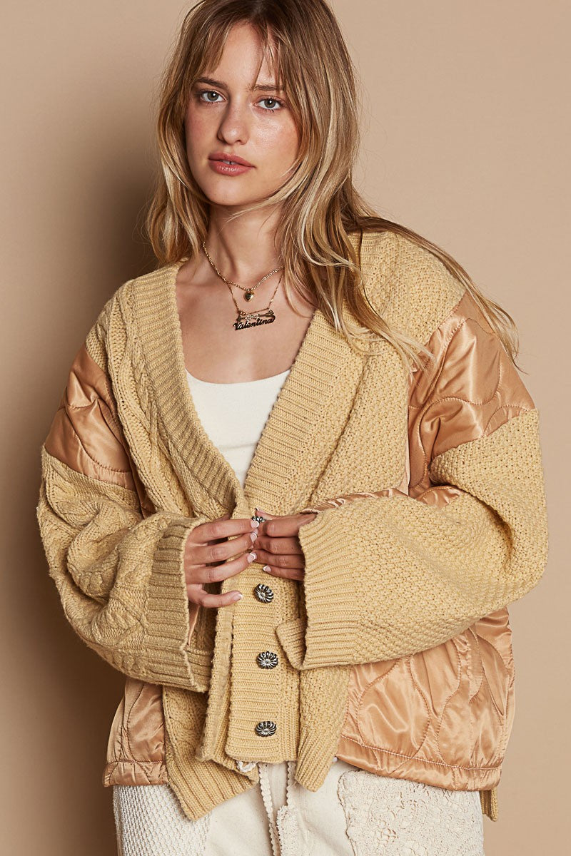 Quilted Patch Button Up Cable Knit Jacket