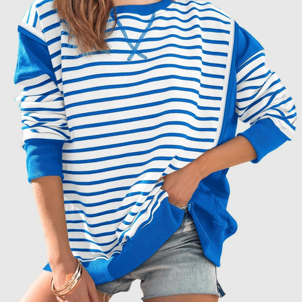 
                      
                        Slit Exposed Seam Striped Long Sleeve Sweatshirt
                      
                    