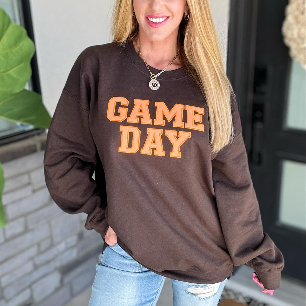 PREORDER: Embroidered Glitter Game Day Sweatshirt in Brown/Orange