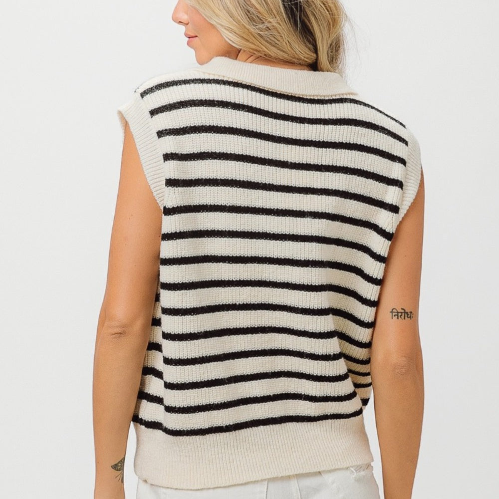 Flower Patch Striped Half Button Sweater Vest