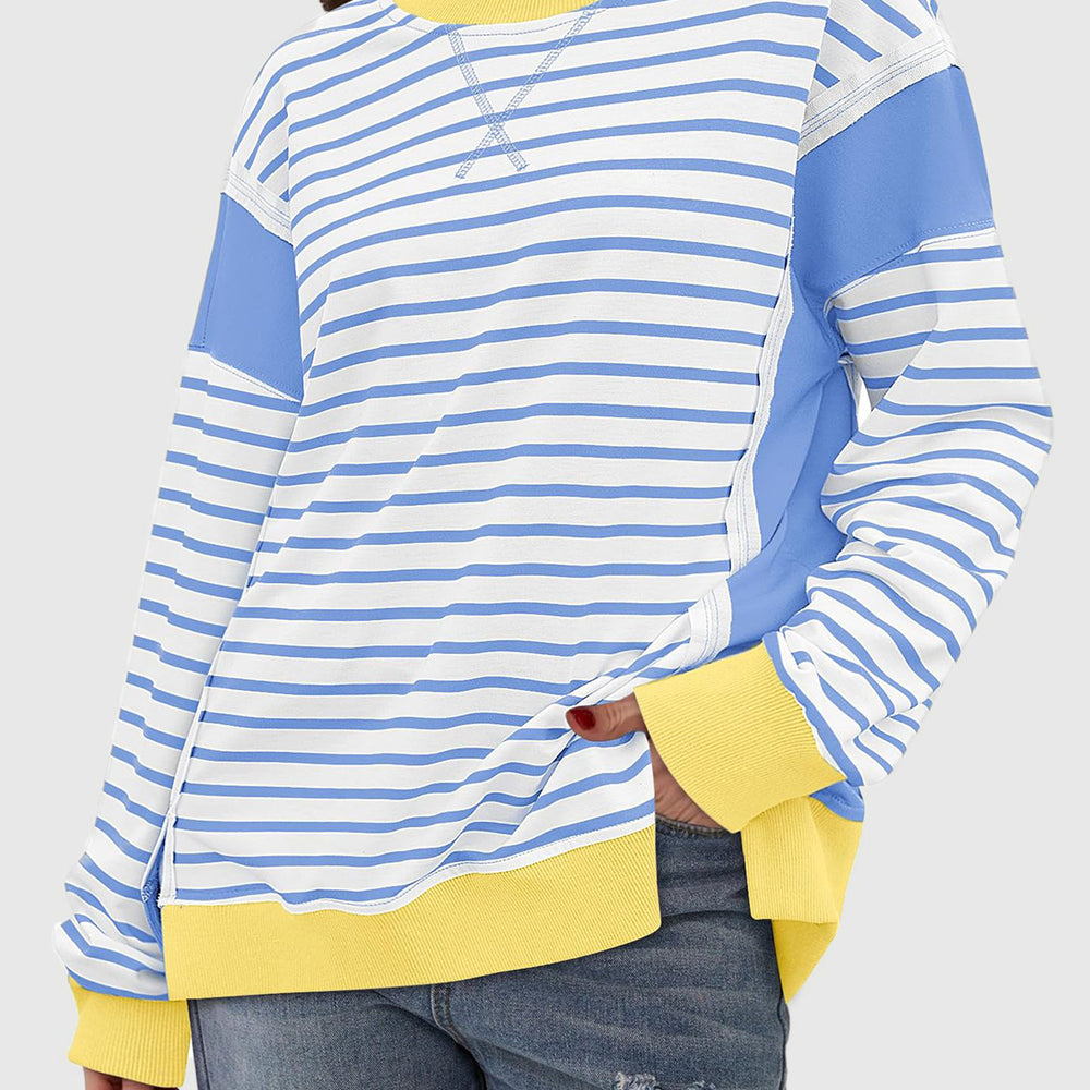 
                      
                        Slit Exposed Seam Striped Long Sleeve Sweatshirt
                      
                    