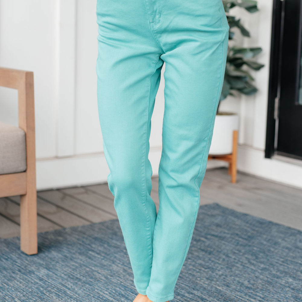 
                      
                        Bridgette High Rise Garment Dyed Slim Jeans in Aquamarine
                      
                    