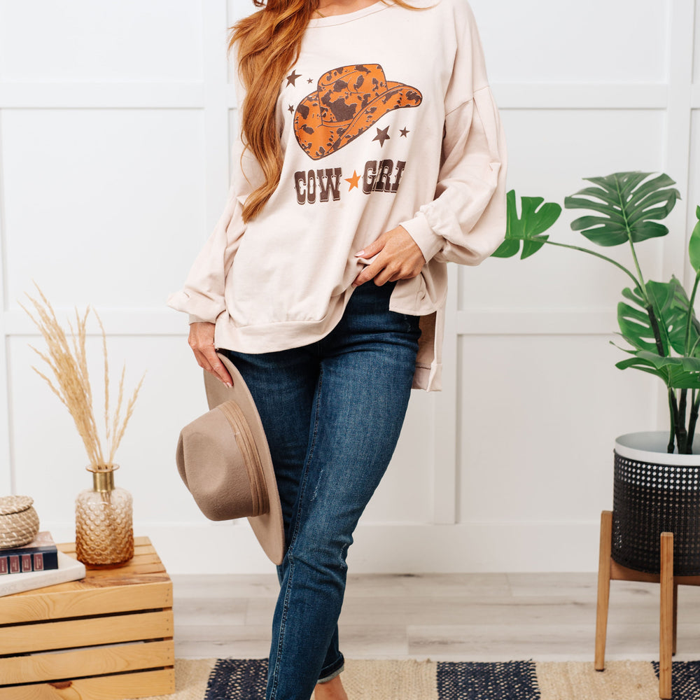 
                      
                        Cow Girl Graphic Pullover in Stone
                      
                    